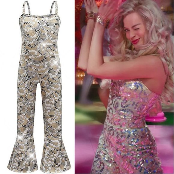 NWT Barbie Movie Pink Cowboy Blue Plaid Gold Jumpsuit Girls Halloween Co… - Picture 9 of 15